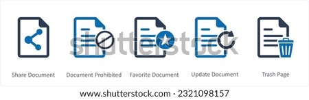 A set of 5 Document icons as share document, document prohibited, favorite document