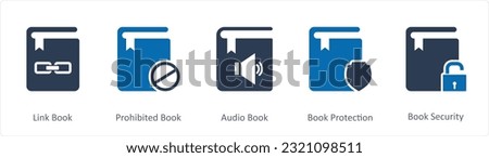 A set of 5 Document icons as link folder, prohibited book, audio book