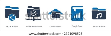 A set of 5 Document icons as share folder, folder prohibited, cloud folder
