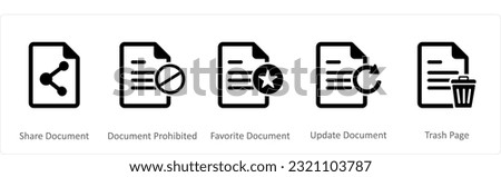 A set of 5 Document icons as share document, document prohibited, favorite document