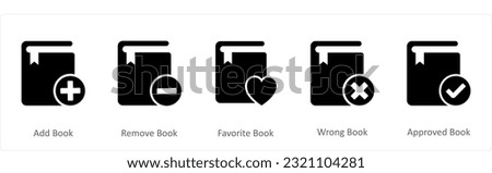 A set of 5 Document icons as add book, remove book, favorite book