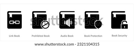 A set of 5 Document icons as link folder, prohibited book, audio book