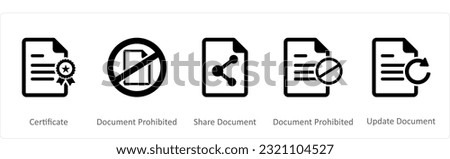 A set of 5 Document icons as certificate, document prohibited, share document