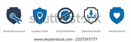 A set of 5 Internet icons as shield maintenance, location shield, shield prohibited