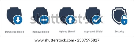 A set of 5 Internet icons as download shield, remove shield, upload shield