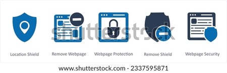 A set of 5 Internet icons as location, shield, remove webpage, webpage protection