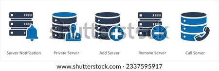 A set of 5 Internet icons as server notification, private server, add server