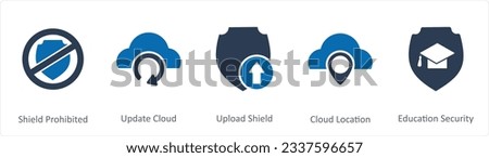 A set of 5 Internet icons as shield prohibited, update cloud, upload shield
