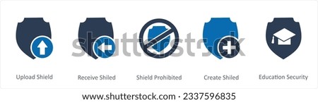 A set of 5 Internet icons as upload shield, receive shield, shield prohibited