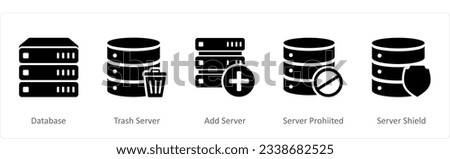 A set of 5 Internet icons as database, trash server, add server