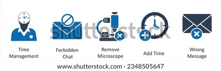 A set of 5 business icons as time management, forbidden chat, remove microscope