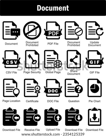 A set of 20 Document icons as document, document prohibited, pdf file