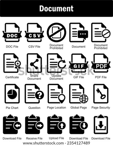 A set of 20 Document icons as doc file, csv file, document prohibited