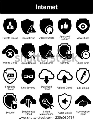 A set of 20 Internet icons as private shield, shield error, update shield