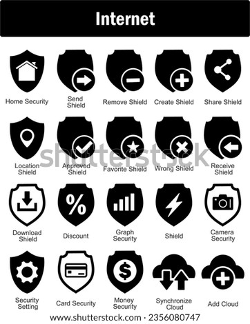 A set of 20 Internet icons as home security, send shield, remove shield