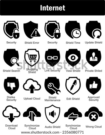 A set of 20 Internet icons as security, shield error, shield time