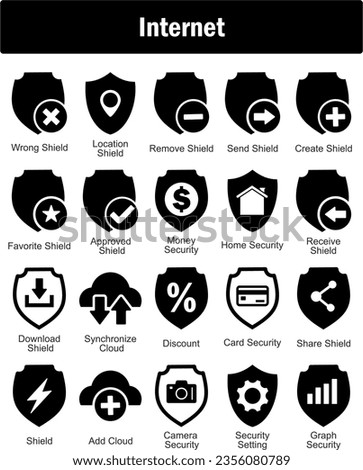 A set of 20 Internet icons as wrong shield, location shield, remove shield