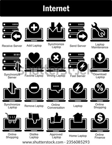 A set of 20 Internet icons as receive server, add laptop, synchronize laptop