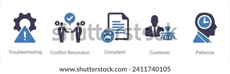 A set of 5 Customer service icons as troubleshooting, conflict resolution, complaint