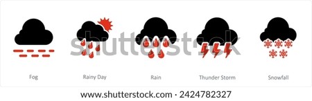 A set of 5 mix icons as fog, rainy day, rain