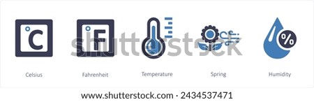 A set of 5 mix icons as celcius, fahrenheit, temperature