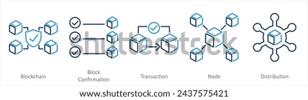 A set of 5 Blockchain icons as blockchain, block confirmation, transaction