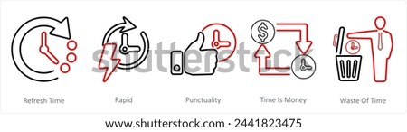 A set of 5 mix icons as refresh time, rapid, punctuality