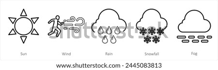 A set of 5 mix icons as sun, wind, rain