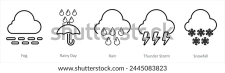 A set of 5 mix icons as fog, rainy day, rain