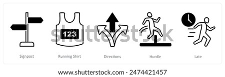 A set of 5 Running icons as signpost, running shirt, directions