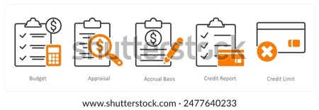 A set of 5 Banking icons as budget, appraisal, accural basis