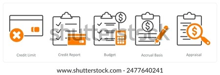 A set of 5 Banking icons as credit limit, credit report, budget