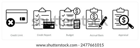 A set of 5 Banking icons as credit limit, credit report, budget