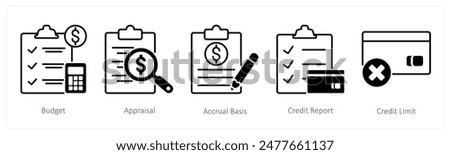 A set of 5 Banking icons as budget, appraisal, accural basis