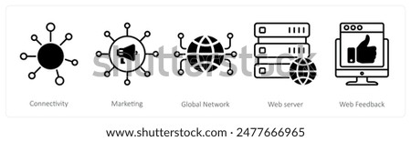 A set of 5 Seo icons as connectivity, marketing, global network