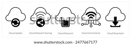 A set of 5 Seo icons as cloud update, cloud network sharing, cloud research