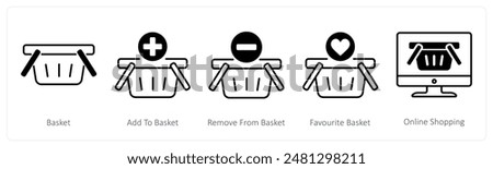 A set of 5 Shopping icons as basket, add to basket, remove from basket