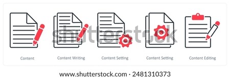 A set of 5 Seo icons as content, content writing, content setting