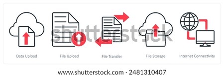 A set of 5 Seo icons as data upload, file upload, file transfer