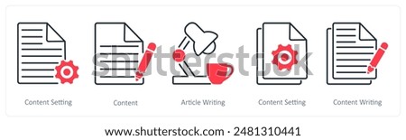 A set of 5 Seo icons as content setting, content, article writing