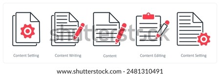 A set of 5 Seo icons as content setting, content writing, content