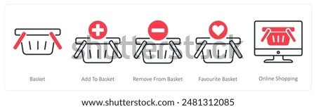 A set of 5 Shopping icons as basket, add to basket, remove from basket