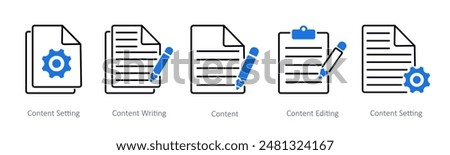 A set of 5 Seo icons as content setting, content writing, content