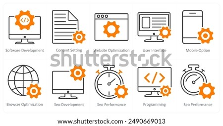 A set of 10 seo icons as software development, content setting, website optimization