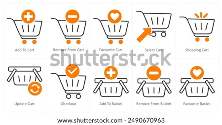 A set of 10 shopping icons as add to cart, remove from cart, favorite cart