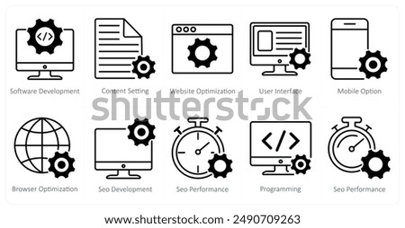 A set of 10 seo icons as software development, content setting, website optimization