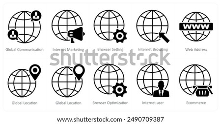 A set of 10 seo icons as global communication, internet marketing, browser setting