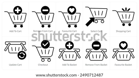 A set of 10 shopping icons as add to cart, remove from cart, favorite cart