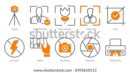 A set of 10 photography icons as tripod, face detection, macro photo