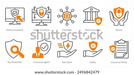 A set of 10 Insurance icons as online insurance, cyber insurance, coverage